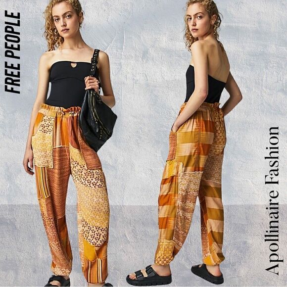 FREE PEOPLE CAMILLE PATCHWORK PANTS IN GOLDEN HOUR COMBO NWT - Picture 1 of 9